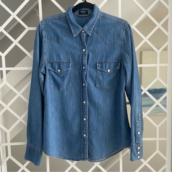 ARITZIA TALULA Denim Western Shirt Large Pearl Snap Cotton EUC - Picture 2 of 9
